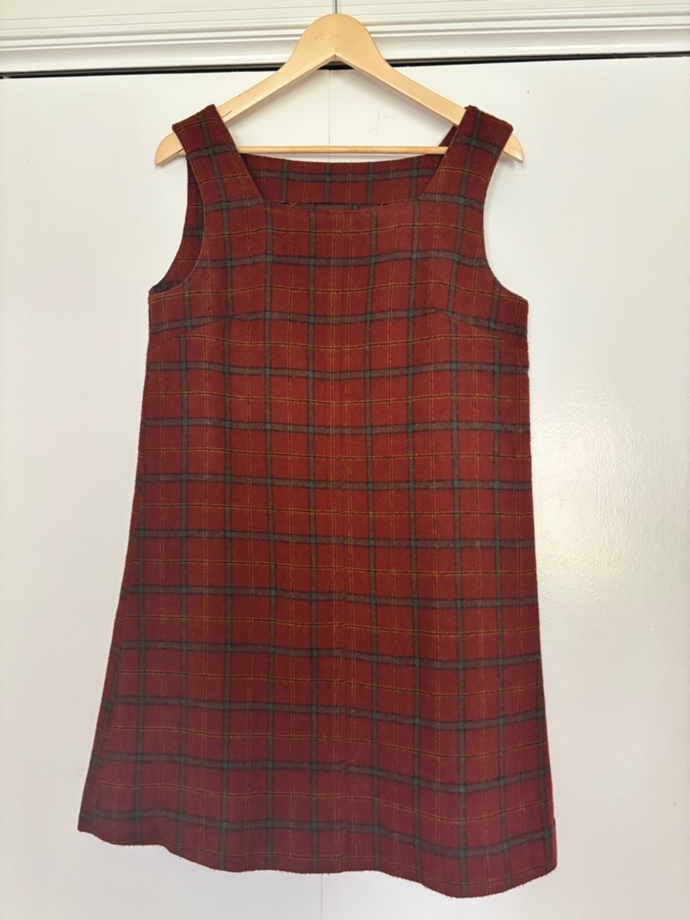 Above-Knee, Wool, Red Plaid Pinafore Summer Dress